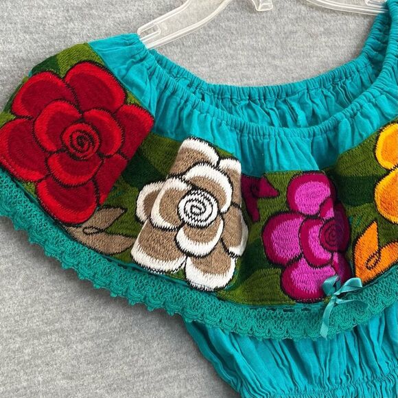 Boho Embroidered Gauze Off The Shoulder Top Peasant Turquoise Mexican Campesina - Picture 6 of 10